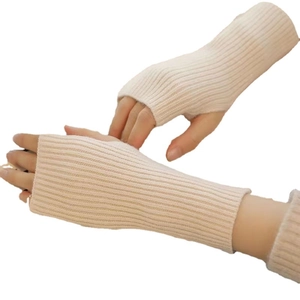 Thick beige knitted fingerless gloves for women, long ribbed arm warmers for winter wear