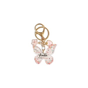 Détail du porte-clés papillon en acrylique rose avec message pour tante et fermoir doré