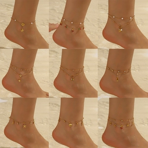 Double-layered gold anklets with starfish and cherry charms for women beach wear