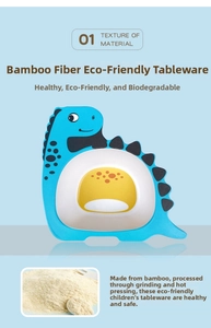 Detailed view of bamboo fiber kids bowl featuring a blue cartoon dinosaur pattern
