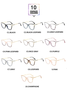 Collage showing 10 stylish cat-eye TR90 blue light blocking glasses in various colors