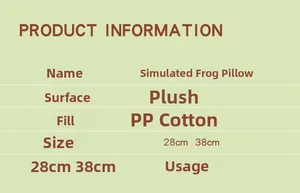 Detailed product specs of the plush frog toy showing dimensions and PP cotton filling details