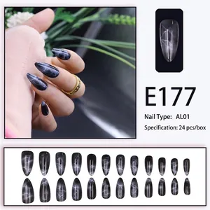 Dark marble stiletto press-on nails with minimalist grey lightning pattern 24pcs E177