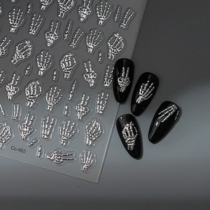 3D silver skull hand nail stickers with metallic relief for Halloween dark style decor