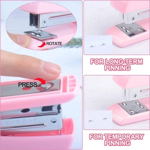 Dettaglio cucitrice rosa con base girevole per modalità di fissaggio fissa o mobile