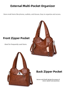 Detail view of brown pebbled tote bag showing functional front and back zipper pockets