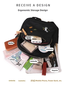 Spacious black backpack showing interior storage for iPad, umbrella and daily essentials