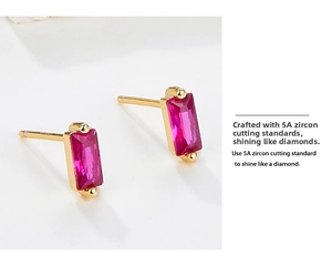 Detail showing rectangular magenta zircon earring with 5A cut and S925 silver stamp