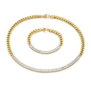 Gold plated stainless steel Cuban link necklace and bracelet set with rectangular crystals