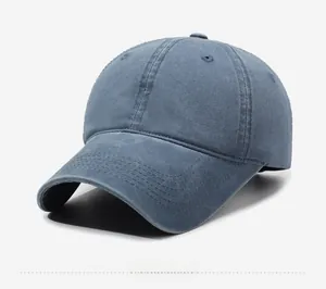 Detail view of washed cotton baseball cap with retro distressed texture and stitching