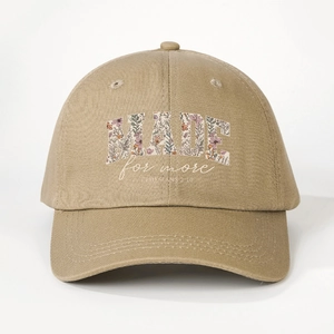 Khaki cotton baseball cap with floral MADE letter print and Ephesians 2:10 embroidery