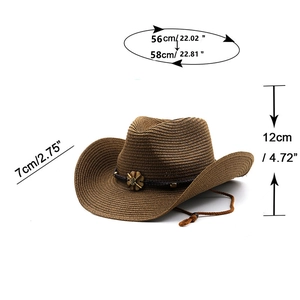 Detailed view of brown straw cowboy hat showing 56-58cm brim size and dimensions