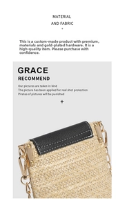 Detail of light beige woven straw fabric with premium black lychee leather and gold hardware