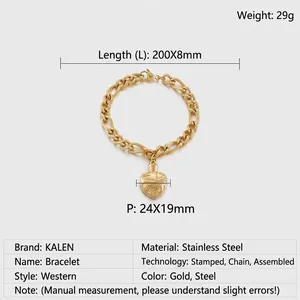 Detailed size specifications for gold heart pendant chain bracelet in stainless steel