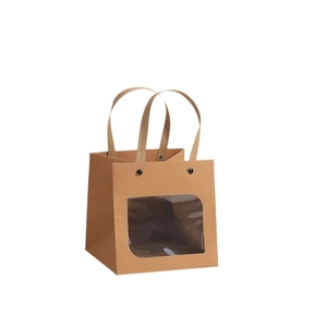 Brown square paper gift bag with a clear window and reinforced handles for packaging