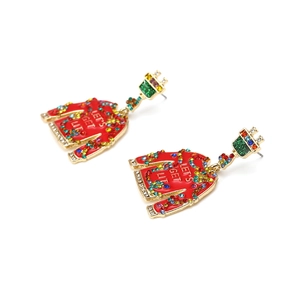 Close-up of red sweater earrings with rhinestones and LET'S GET LIT slogan