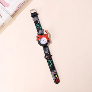 Close-up of kids dinosaur watch with 3D embossed silicone strap and colorful numerals