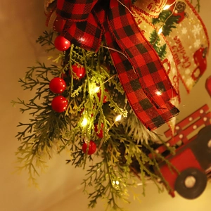 Christmas truck wreath with LED lights, pine needles, red berries and plaid bow decor