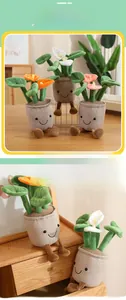 Close-up of plush plush potted anthurium dolls with cute faces on wooden table decor