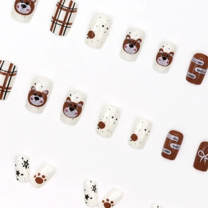Cute brown cartoon bear and bow pattern press-on nails with checkered star designs