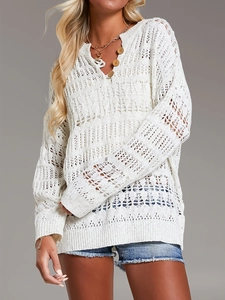 Casual white hollow knit long sleeve v-neck top for beach style and relaxation