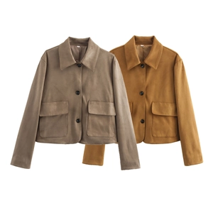 Vestes courtes en daim pour femmes avec col à revers en kaki et marron foncé