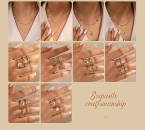 Exquisite gold layered necklaces and zircon rings in various cuts with purple gemstone
