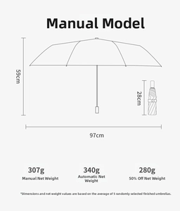 Size chart showing height 59cm and diameter 97cm for manual and automatic sun umbrellas
