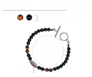 Detailed specs of 6mm obsidian and tiger eye bead bracelet with stainless steel OT buckle