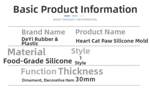 Specifications for heart cat paw silicone mold made of food grade material 30mm thick