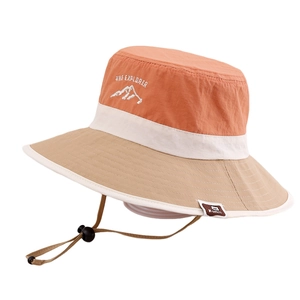 Kids quick-dry sun hat with wide brim, tricolor patchwork design for outdoor hiking