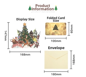 Size chart showing 3D Christmas card measurements: envelope, pop-up ornament, and mini card