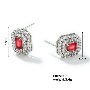 Detailed view of red rectangular zircon earrings with dimensions and weight specs