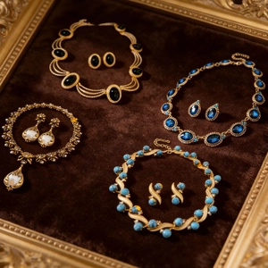 Vintage jewelry set with diamond-encrusted geometric oval pendants on gold necklace and studs