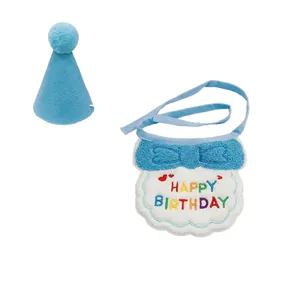 Sky blue pet birthday set with embroidered bib and cone hat for cats and small dogs