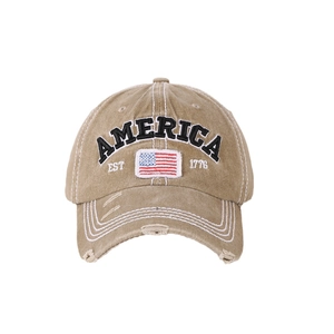Distressed khaki washed cotton baseball cap with American flag and America embroidery