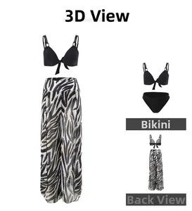 Detail of three-piece bikini set with zebra print mesh trousers and black halter top