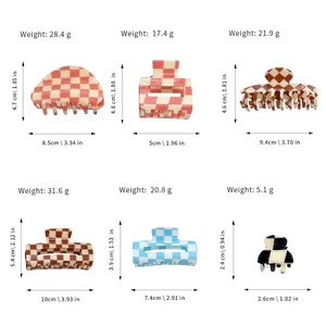 Size chart showing checkerboard hair claws in various dimensions and weights for women
