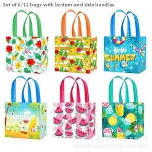 Detail of assorted summer themed gift bags with tropical prints and side gusset design