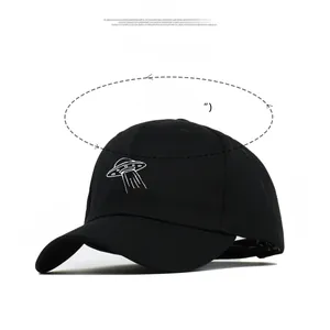 Detailed size specifications for black baseball cap with UFO spaceship embroidery