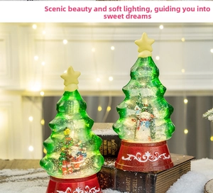 Detail of Christmas tree snow globes with Santa and snowman inside red embossed base