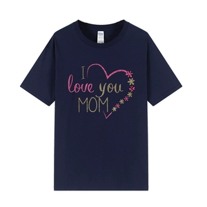 T-shirt bleu marine fête des mères avec inscription 'I love you MOM' et fleurs