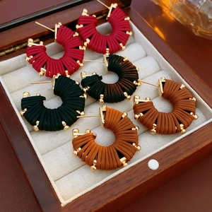 Hoop Earrings Alloy Faux Leather Wrapped Geometric Gold Bead Retro Bohemian Women Fashion Jewelry
