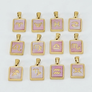 18K gold plated stainless steel rectangle zodiac necklaces with pink shell inlay set