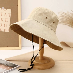 Wide Brim Bucket Hat Canvas Cotton UV Protection Sun Visor Windproof Rope Outdoor Summer Travel For Women