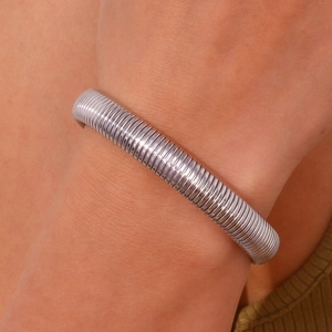 Vue rapprochée d'un bracelet serpent argenté de 10 mm montrant la texture métallique