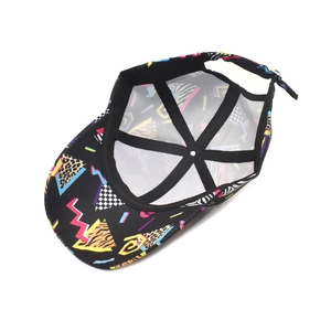 Graffiti print baseball cap with colorful geometric Memphis patterns and black inner lining