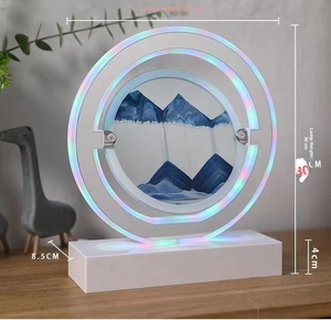 Detailed dimensions of round LED quicksand art lamp with blue mountain scenery