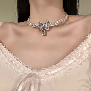 Elegant Choker Necklace With Copper Rhinestone Ribbon Bow And Faux Artificial Pearl Teardrop Pendant For Women Party Jewelry