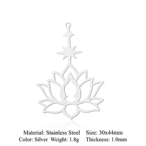 Macro view of silver lotus stainless steel pendant with detailed size and weight specs